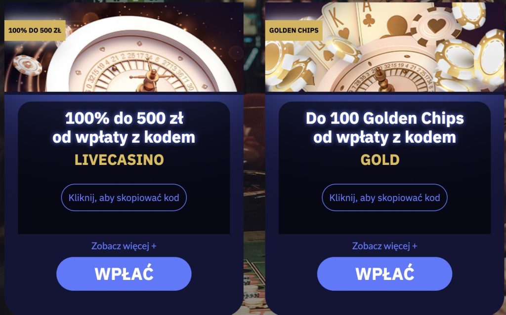 Pakiet w Kasynie Na Żywo do 500 PLN + 100 Golden Chips
